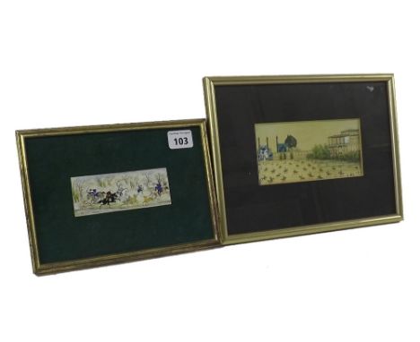 Moghul School - polo match with figures beyond, 3" x 6"; framed (a.f); together with another work depicting a hunting scene (