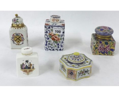 Samson porcelain armorial lidded tea caddy, 4.5" high; together with a square Faience tea caddy, modern Royal Worcester porce