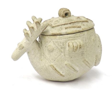 Ian Godfrey (1942-1992) - buff stoneware pot and cover in the form of a stag, 3.25" high (a.f)