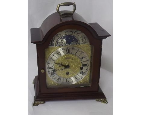 Hermle German three train bracket clock, with moonphase striking on rods, 10" high