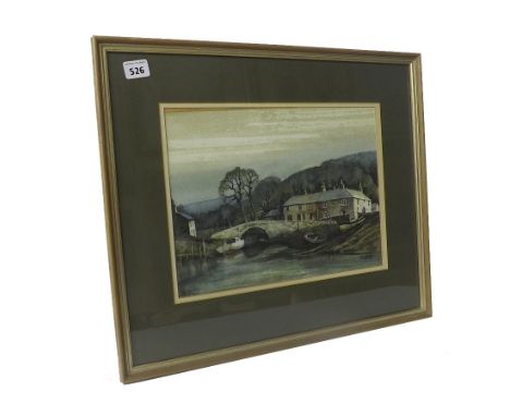 By R* Slater - riverside study with moored boats and cottages, signed, watercolour, 10" x 13", framed