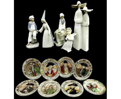 Collection of five various Lladro figures (a.f); together with a collection of eight Royal Doulton Series Ware plates to incl