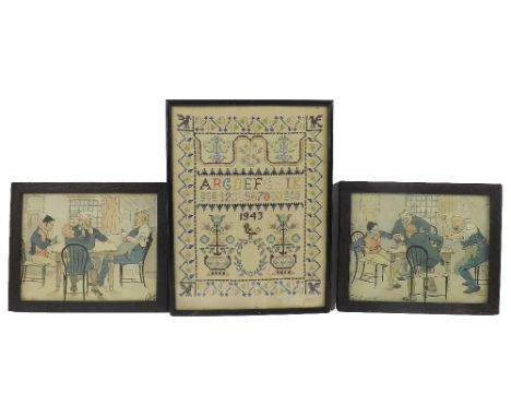 Mid 20th century sampler dated 1943, 16" x 12", framed; together with two humorous illustrations of gentlemen playing cards (