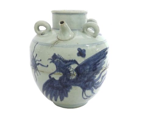 19th century Chinese blue and white ceramic wine jar, decorated to the sides with a dragon chasing the flaming pearl amidst c