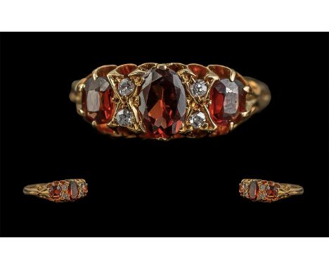 Antique Period - Attractive 18ct Gold Garnet and Diamond Set Ring. Full Hallmark to Shank. Ring Size J - K, Weight 2,8 grams.