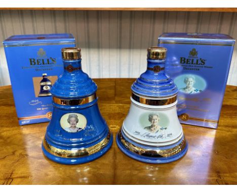 Two Bell's Limited Edition Old Scotch Whisky Decanters, boxed 75th Birthday of Queen Elizabeth II, and boxed Queen Mother 100