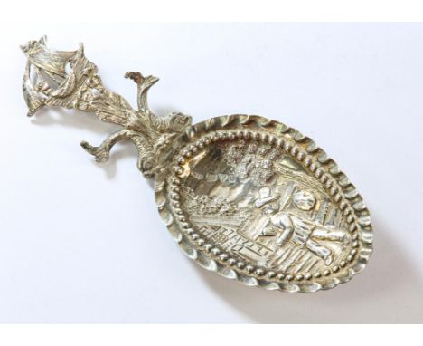 Chester silver wine or caddy spoon with fish stem and ship finial by Maurice Freeman 1900af.