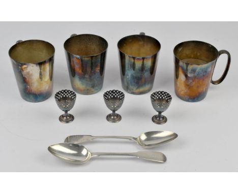 Pair of Victorian silver serving spoons, together with a collection of silver plated flatware, various tankards, a silver pla