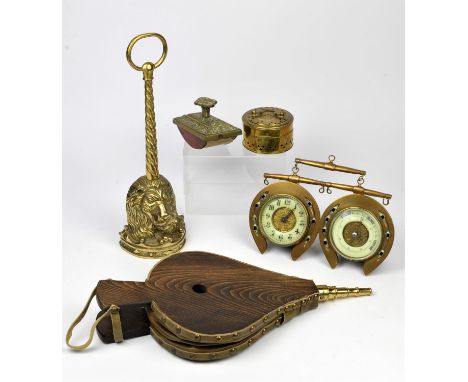 Edwardian brass desk barometer, 19cm high, together with a set of bellows, a desk blotter, a Victorian style brass door stop 