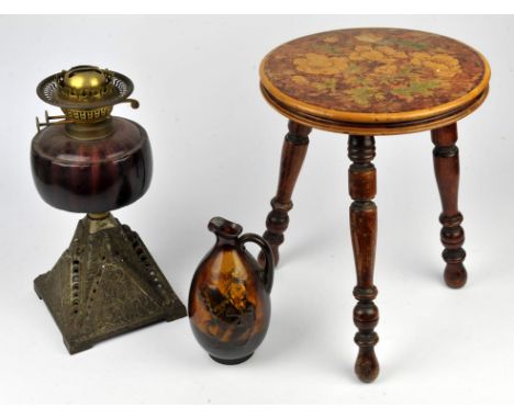Two etched glass lampshades, oil lamps, chimneys, ceramic jugs, a small wooden stool, two silver plated trays.