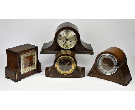 Four clocks, one of Art Deco taste with square dial and Arabic numeral chapter ring, 21.5cm high, with three others (4)