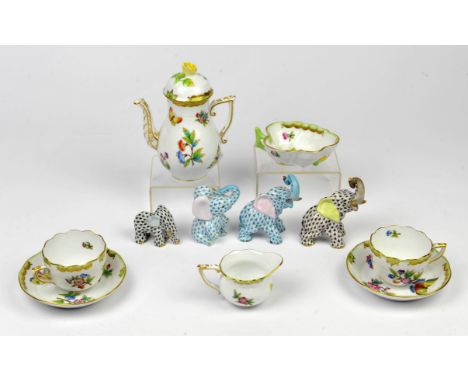 Four Herend elephants, in various colourways, together with a group of Herend porcelains, to comprise coffee pot and cover, t