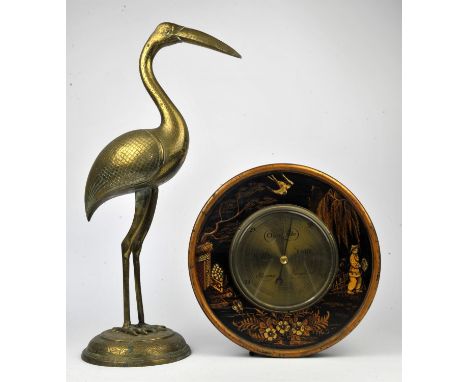 A writing slope box, a barometer in a circular japaned finished frame, and a large brass Heron (3)