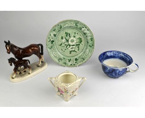 Six dinner plates, a blue and white bowl and ceramic horses