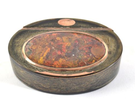 A Gilt Metal Mounted Tortoiseshell Snuff Box, early 19th century, hinged cover set with a hardstone panel and with circular p
