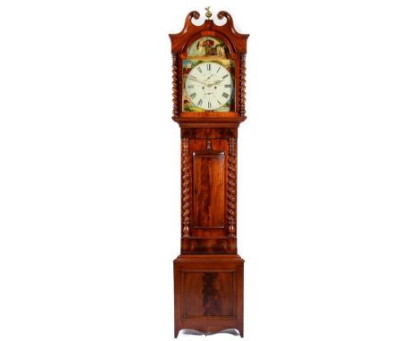 A Scottish Mahogany Eight Day Longcase Clock, signed J.Wiseman, Hamilton, circa 1830, swan neck pediment, twisted columns and