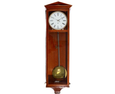 A Vienna Dachlur Wall Timepiece, cherrywood veneered case with an architectural pediment, six glass panels, satinwood stringi