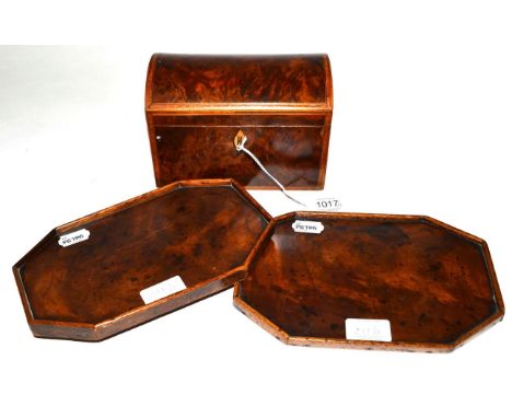 A George III Burr Walnut, Crossbanded and Strung Tea Caddy, of domed rectangular form, 19cm wide; and A Pair of George III Ma