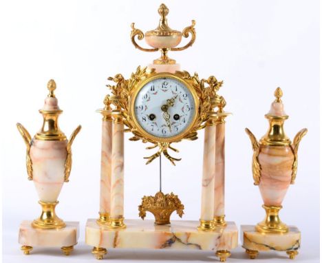 A Marble Striking Portico Mantel Clock with Garniture, 20th century, urn shaped finial, Arabic enamel dial, twin barrel movem