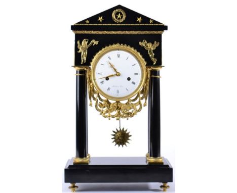 A Napoleon III Period Black Slate and Ormolu Portico Striking Mantel Clock, signed Mercier a Paris, circa 1860, architectural