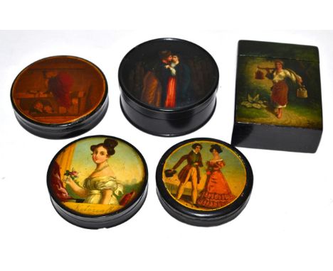 A Papier Mâché Circular Box and Cover, mid 19th century, painted with a bust portrait of Victoria, 9cm diameter; A Similar Ru