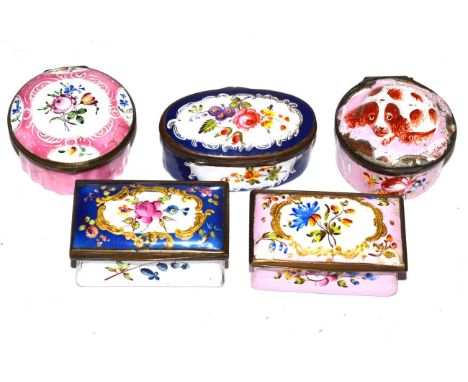 A Staffordshire Enamel Snuff Box, late 18th century, the hinged cover moulded and painted with a recumbent spaniel on a pink 