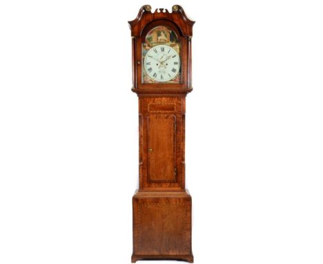 An Oak and Mahogany Eight Day Longcase Clock, signed Jas Pratt, Askrigg, circa 1817, swan neck pediment, trunk with canted  p