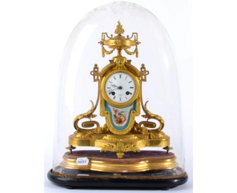 A Gilt Metal Porcelain Mounted Striking Mantel Clock, signed Hry Marc, Paris, circa 1890, urn finial, central blue porcelain 