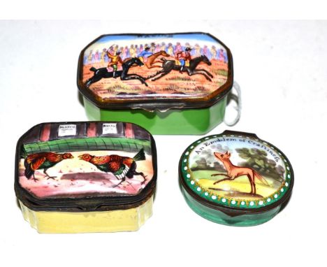 A Staffordshire Enamel Snuff Box, early 19th century, of rectangular form, decorated with a cock fighting scene, 5cm wide; A 