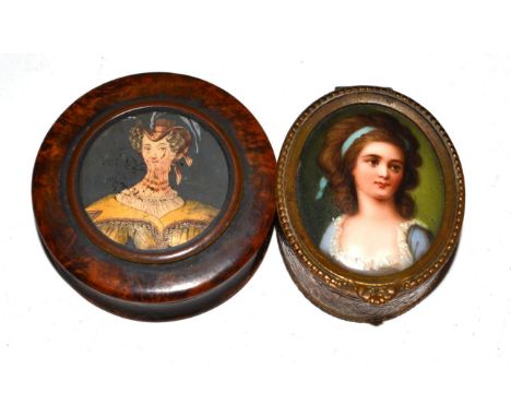 A German Gilt Metal Snuff Box and Cover, circa 1900, the hinged lid set with a porcelain plaque painted with a bust portrait 