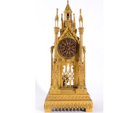 A Gothic Style Cathedral Form Striking Gilt Metal Mantel Clock, circa 1840, cathedral form case in the Gothic style, dial wit