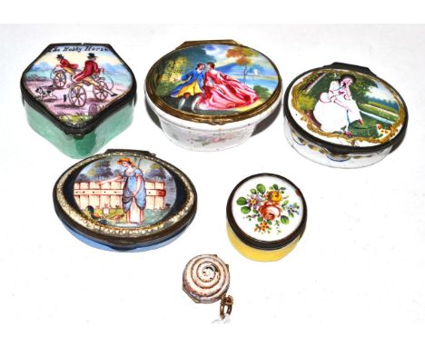 An Enamel Snuff Box, 19th century, of lobed form, the hinged cover painted with The Hobby Horse, 4.5cm wide; Two Oval Patch B