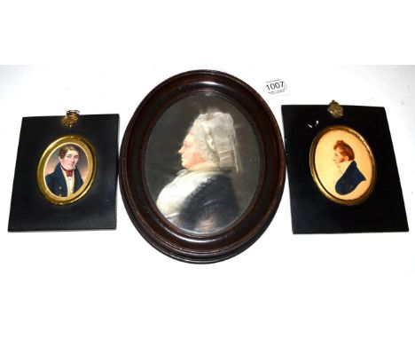 Thomas Fox (act.1833-1846):A Miniature Bust Portrait of a Gentleman, with red stock and blue jacket, oval, 6cm by 4.5cm; Herv