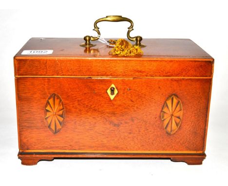 A George III Mahogany Tea Caddy, inlaid with patera, on bracket feet, 25cm wide