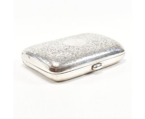 An Edward VII hallmarked silver cigarette case. The case having an etched scrolled design with central vacant cartouche. Hall