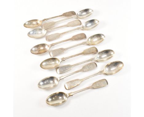 A collection of eleven George V hallmarked silver tea spoons. The 1920's fiddle pattern spoons having monogrammed terminal. H