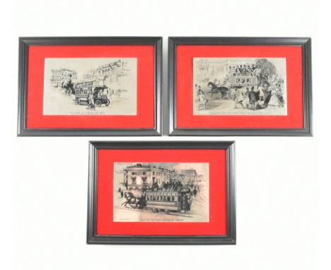 A collection of three framed hallmarked silver plaques depicting vintage buses and a tram. The plaques to include; First doub