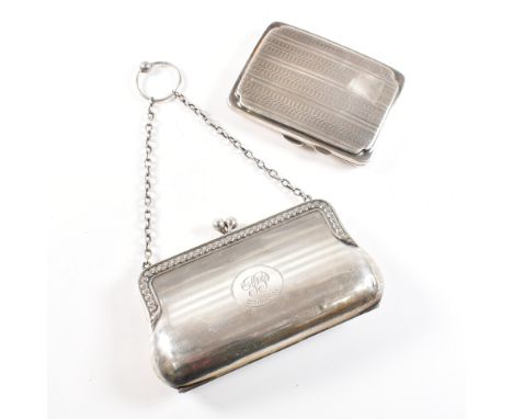 A George V hallmarked silver coin purse and cigarette case. The coin purse having an engine turned striped patter with emboss