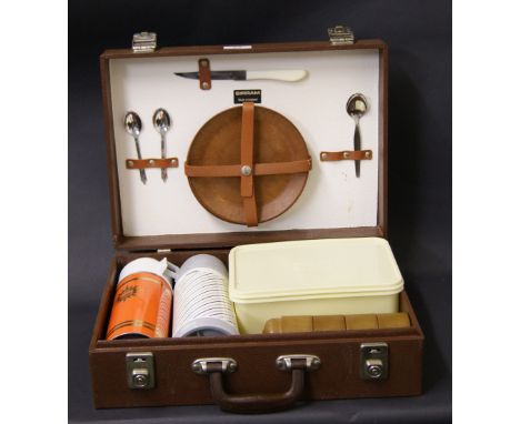 1970s picnic hamper by Sirram, contents include Brexton, Thermos etc.