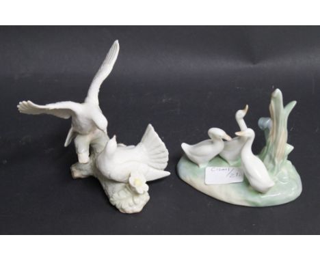 Nao ceramic group of three geese, plus ceramic group of two birds, one with outstretched wings