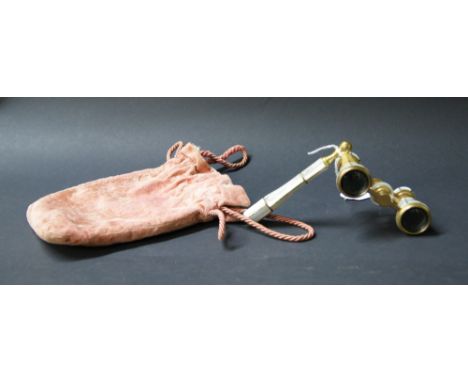 Deraisme, Paris; a pair of lacquered brass and mother of pearl bound opera glasses with velvet bag
