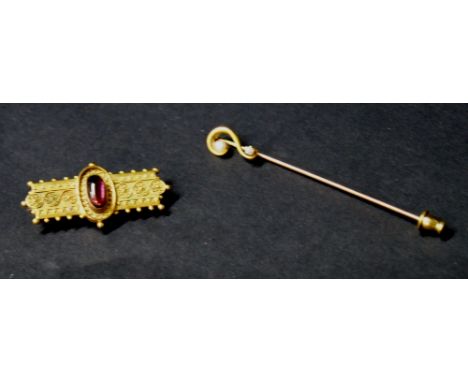 10K gold stickpin with pearl and diamond, plus a Victorian filigree-decorated brooch with oval cabochon 