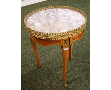 Reproduction Kingwood lamp table with single drawer and ormolu mounts and circular marble top