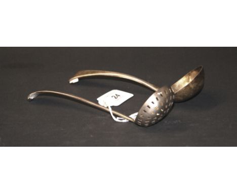 A Georgian hallmarked silver ladle (London assay, 1808), together with a Georgian hallmarked silver straining ladle (London a