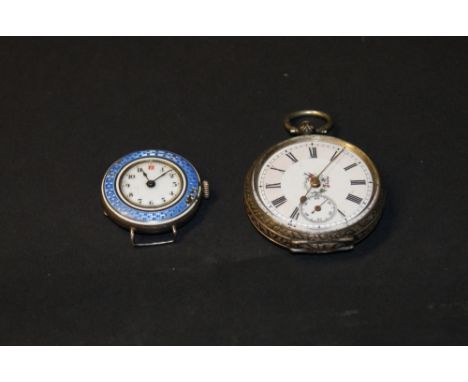 Silver and blue enamelled ladies' wristwatch and a silver fob watch with painted enamel dial