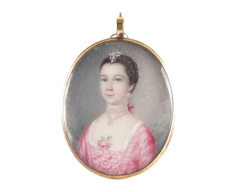 ENGLISH SCHOOL, 18TH CENTURYPortrait miniature of a woman wearing a pink dress and a rose
indistinctly signed with initials '