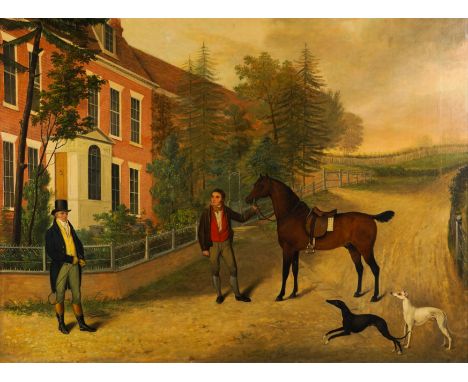 ENGLISH NAIVE SCHOOL, LATE 18TH/EARLY 19TH CENTURYA gentleman outside a country with a horse, groom and two dogs
oil on canva