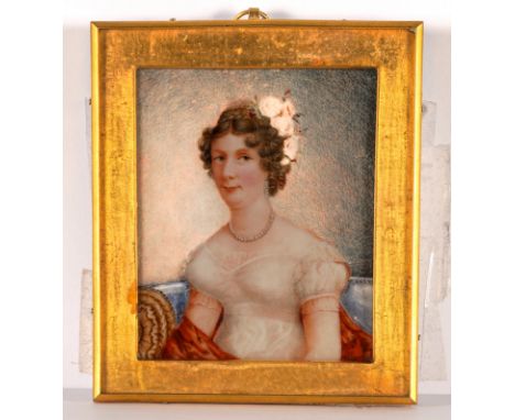 SARAH BIFFIN (BRITISH, 1784-1850)Portrait miniature of a lady wearing a white dress with a red shawl
on ivory (ref. 8M7WFFVF)