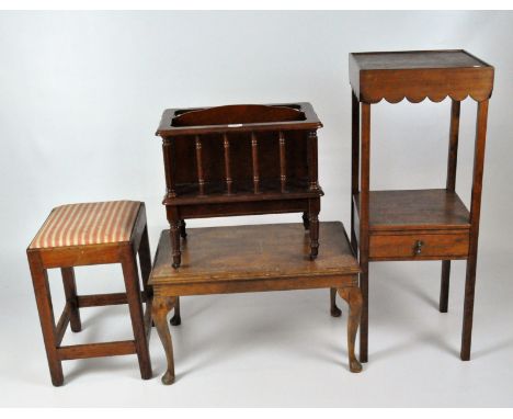 A mahogany wash stand with scalloped apron, one shelf and drawer below, height 94cm; a padded stool, height 48cm; a Canterbur