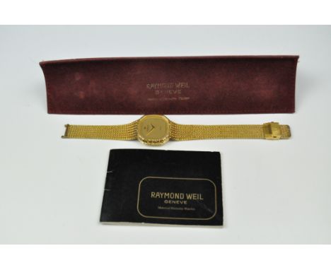 A Gents Raymond Weil quartz wristwatch, 18k gold plated case and strap, model 9811, in original pouch with documents